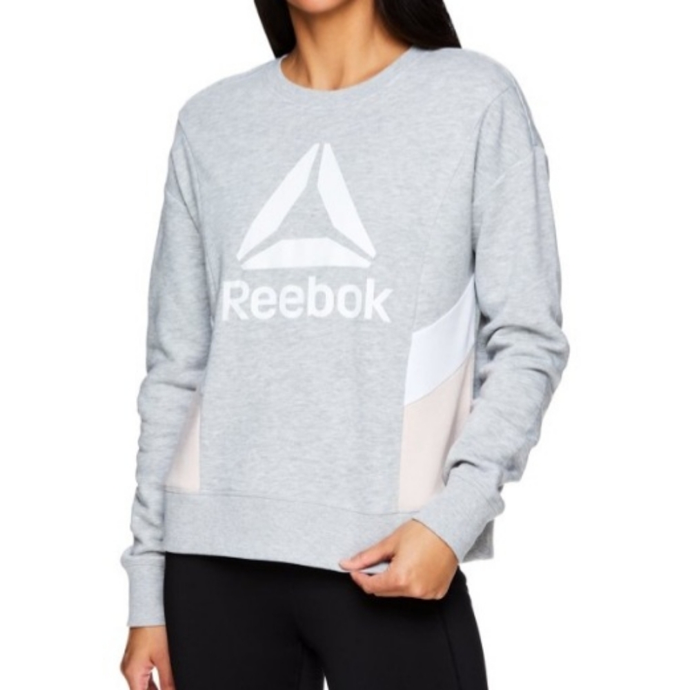 Reebok • Women's Gray & Pink Color Block Logo Crew Sweatshirt, Large